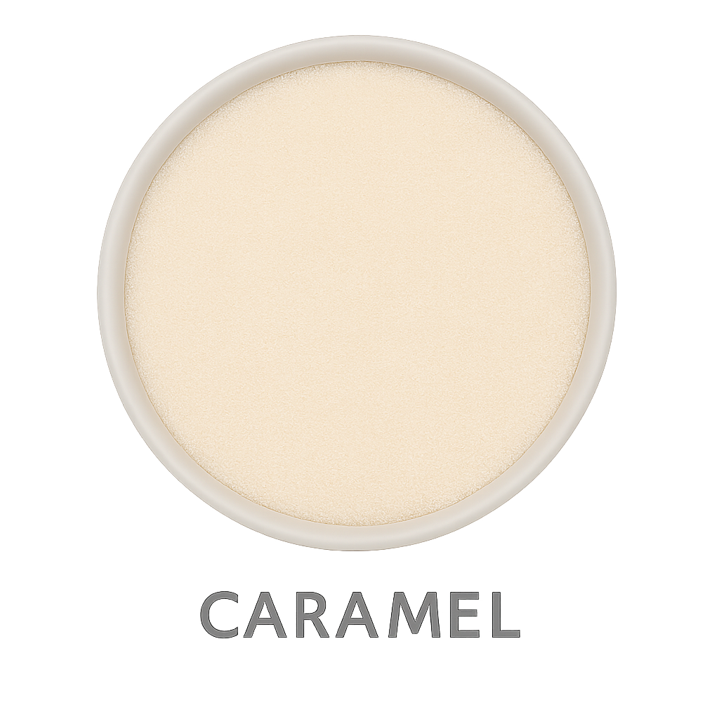 A round container of light beige powder labeled 