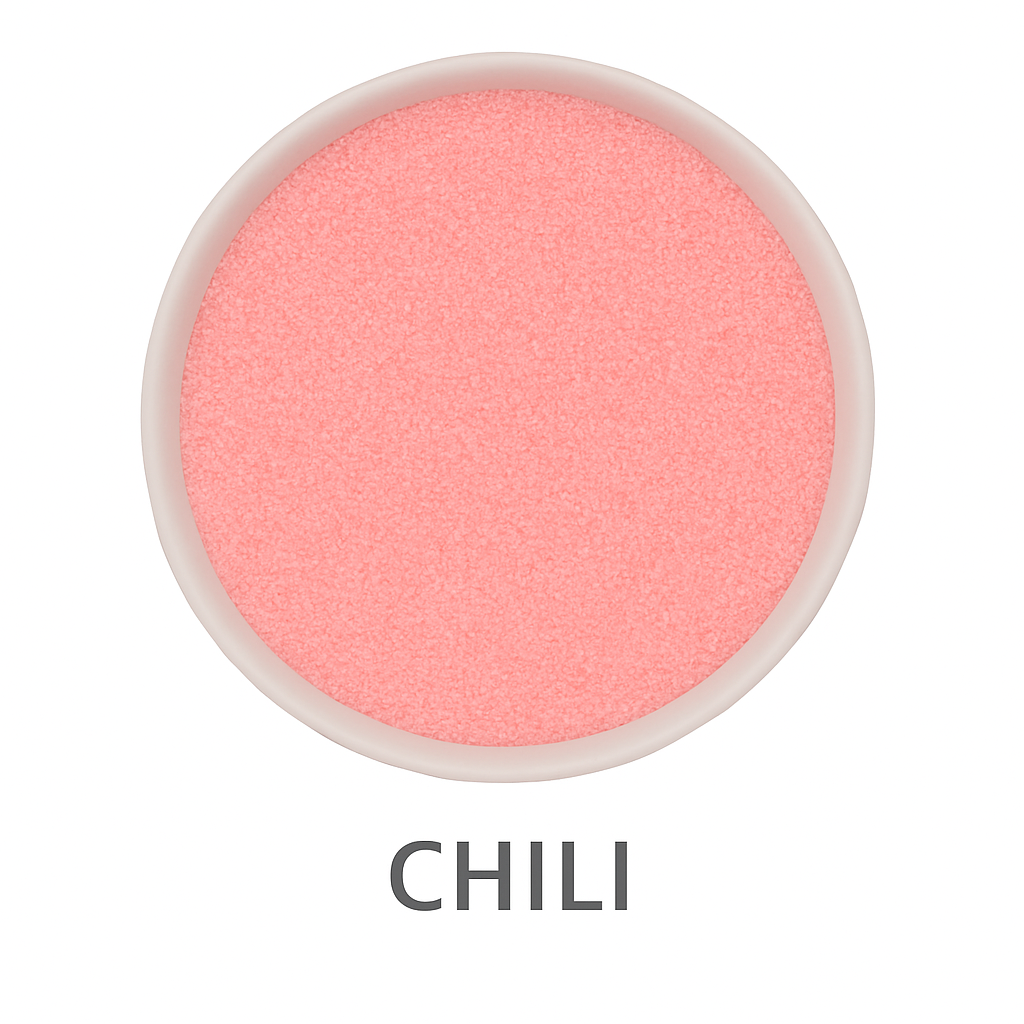 A round container filled with fine, pink powder labeled “Chili Flavored Cotton Candy Sugar” is shown on a white background.