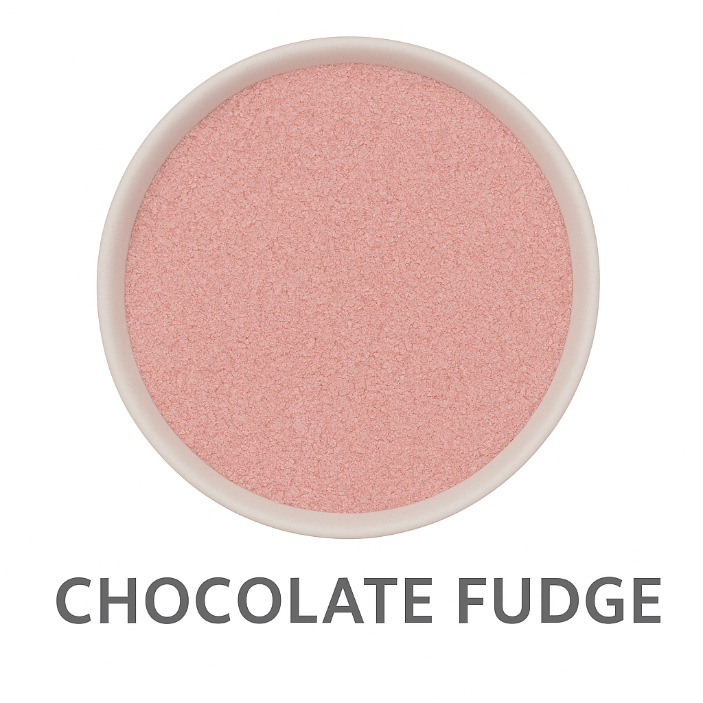 A round, shallow dish filled with light pink powder, labeled Chocolate Fudge Flavored Cotton Candy Sugar in large gray letters below the dish.