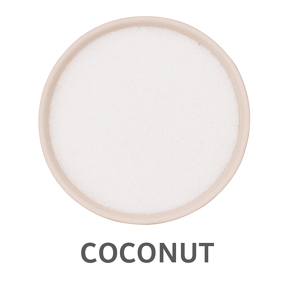 A round bowl filled with fine, white Coconut Flavored Cotton Candy Sugar is shown from above. Below the bowl, 