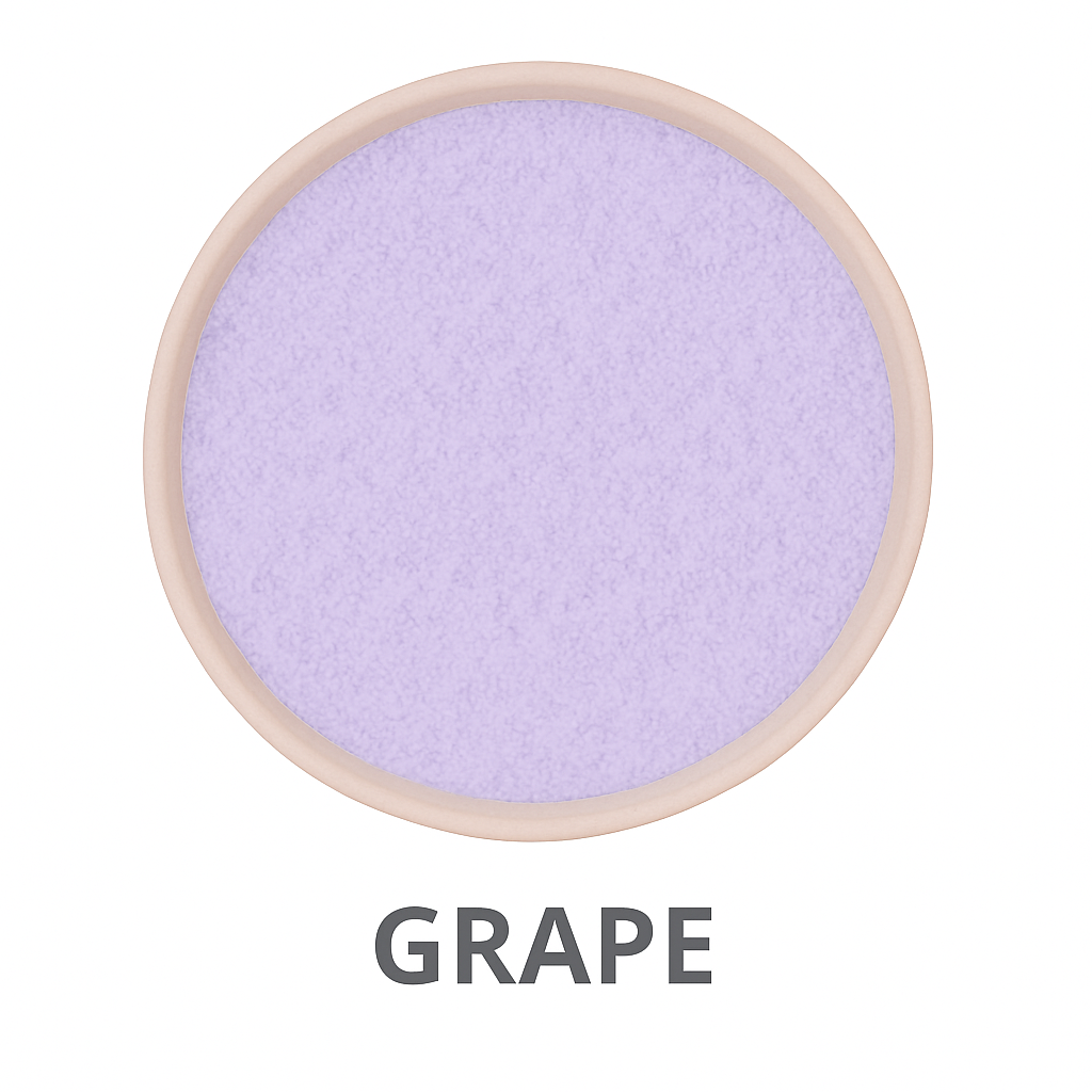 A round bowl filled with fine, light purple powder is shown from above. Below the bowl, 