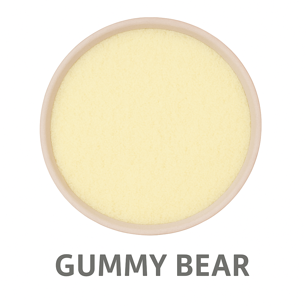 A round container filled with pale yellow powder labeled "Gummy Bear Flavored Cotton Candy Sugar" in bold gray text underneath.