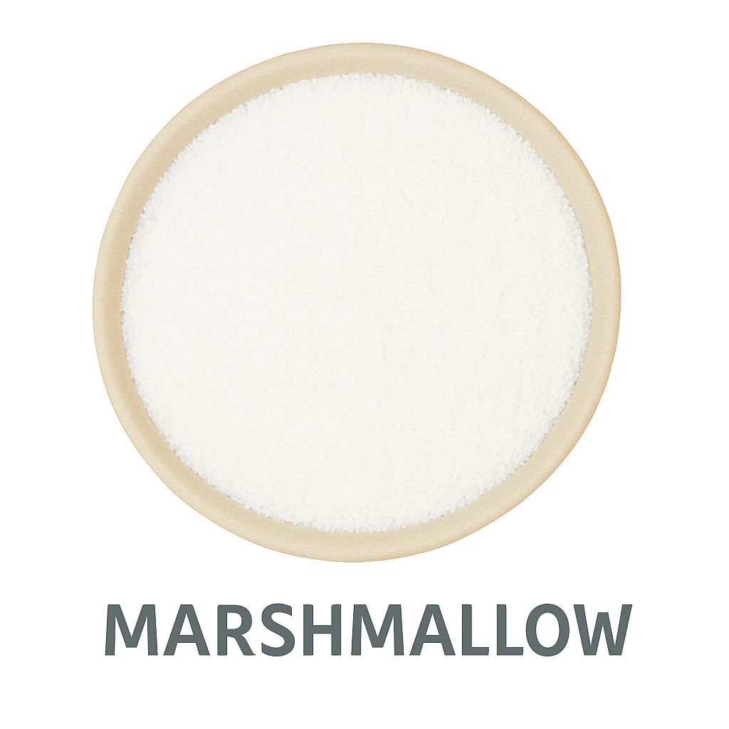 A round bowl filled with fine white powder, labeled Marshmallow Flavored Cotton Candy Sugar below in bold gray letters.
