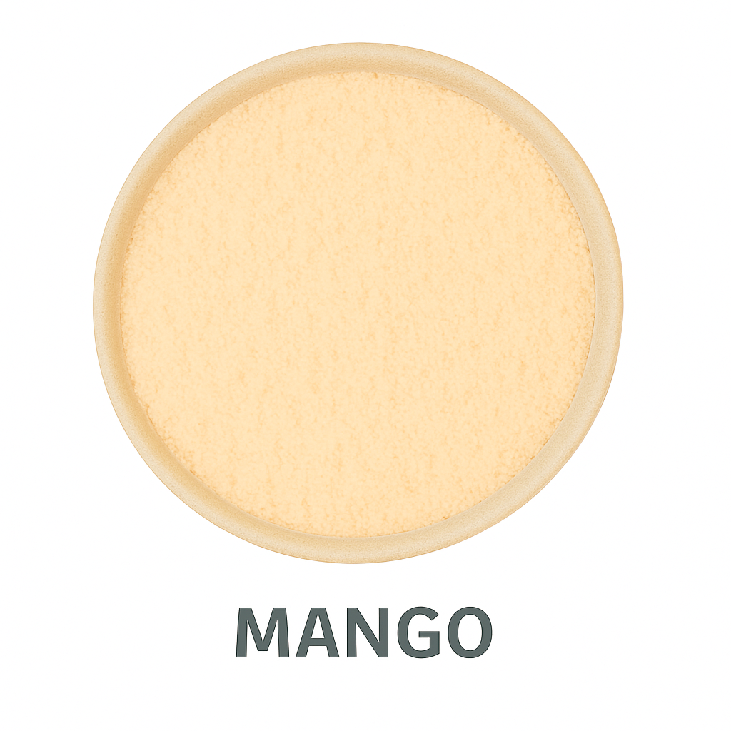 A round dish filled with fine, light yellow powder labeled 