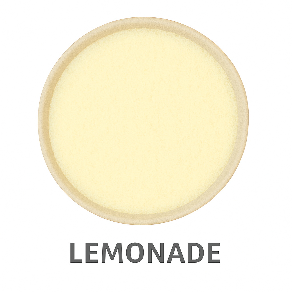 A round bowl filled with pale yellow powder, labeled 